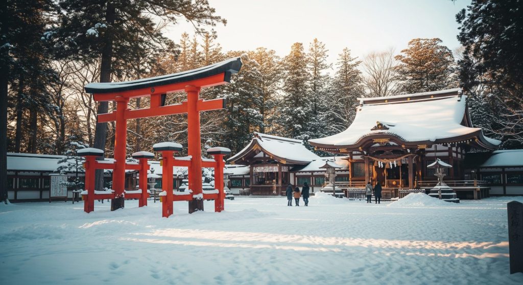 冬の神社と新年の装い。参道に雪が積もり、清浄な空気が漂う