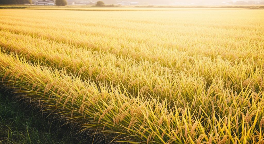 実りの秋、黄金色の稲穂が広がる田園風景と神社の社殿