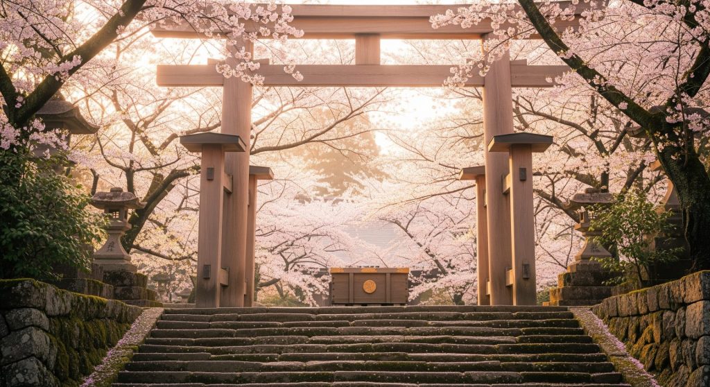 春の神社と桜並木。参道に花びらが舞い、春の祭礼の季節を感じさせる風景