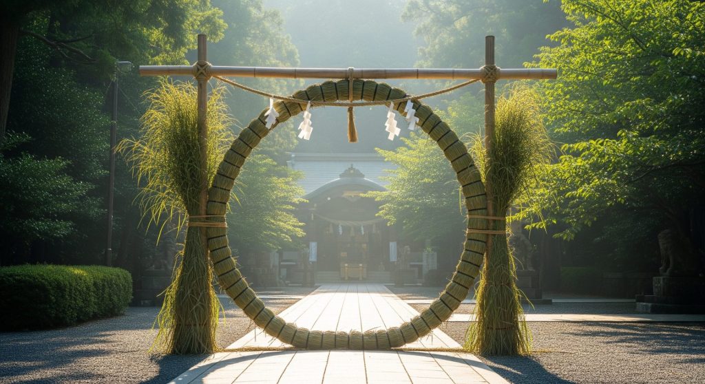 夏越の祓の茅の輪が立つ神社の参道。夕暮れの境内と参拝の様子