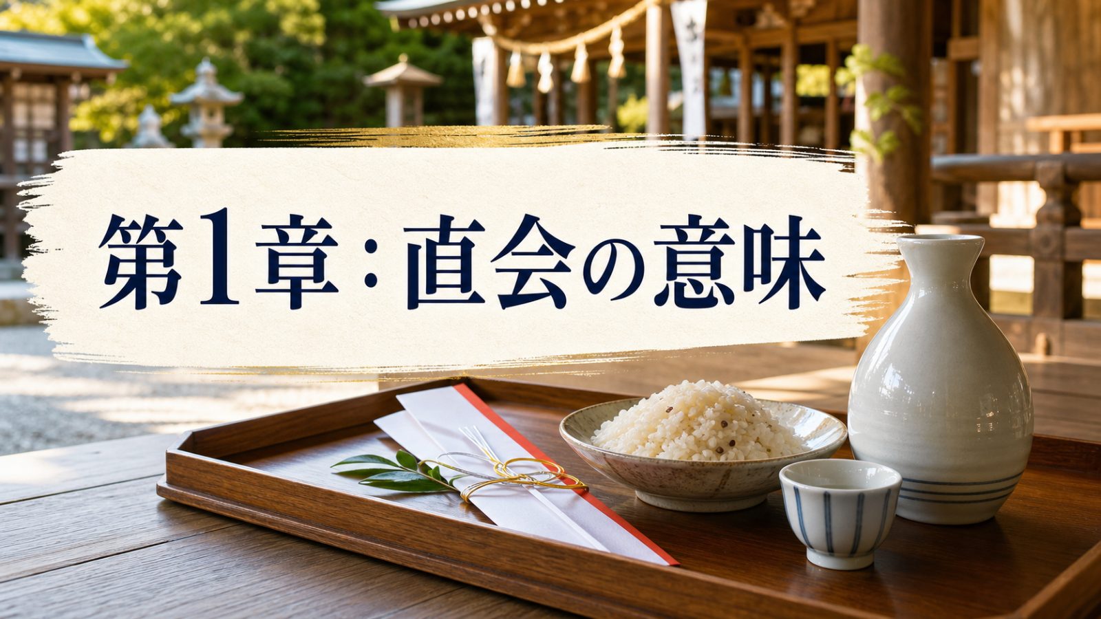直会の意味を示す神社祭礼後の神饌と御酒の章画像