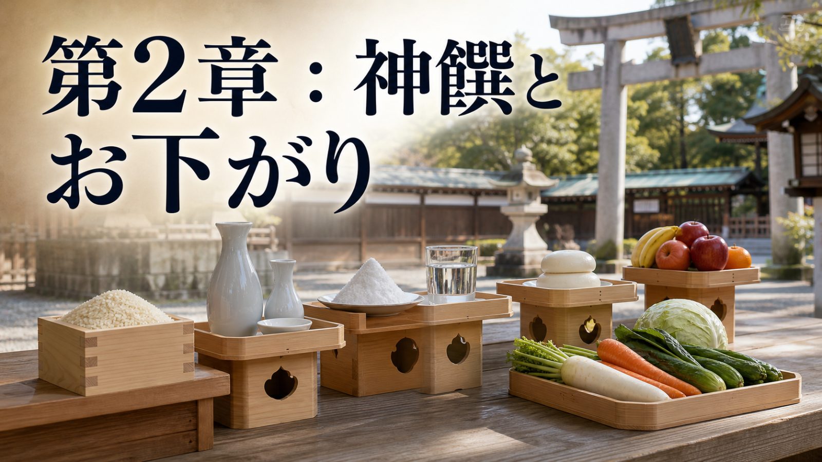 神饌とお下がりの関係を示す米や野菜の供え物の章画像