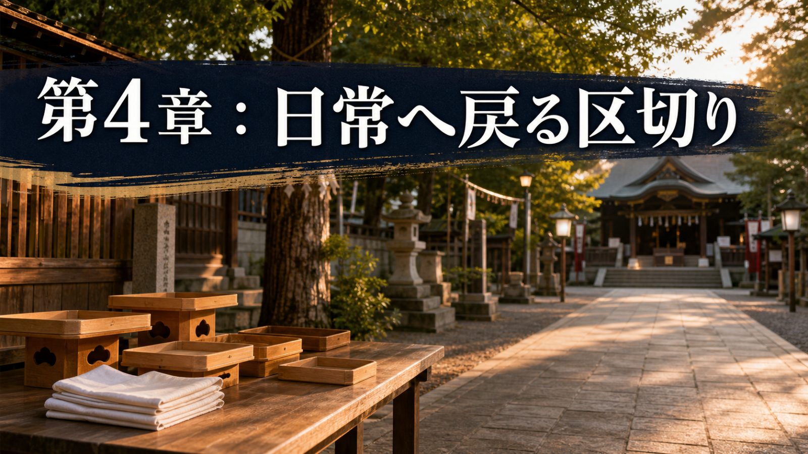 祭りのあと日常へ戻る区切りを示す夕方の参道の章画像