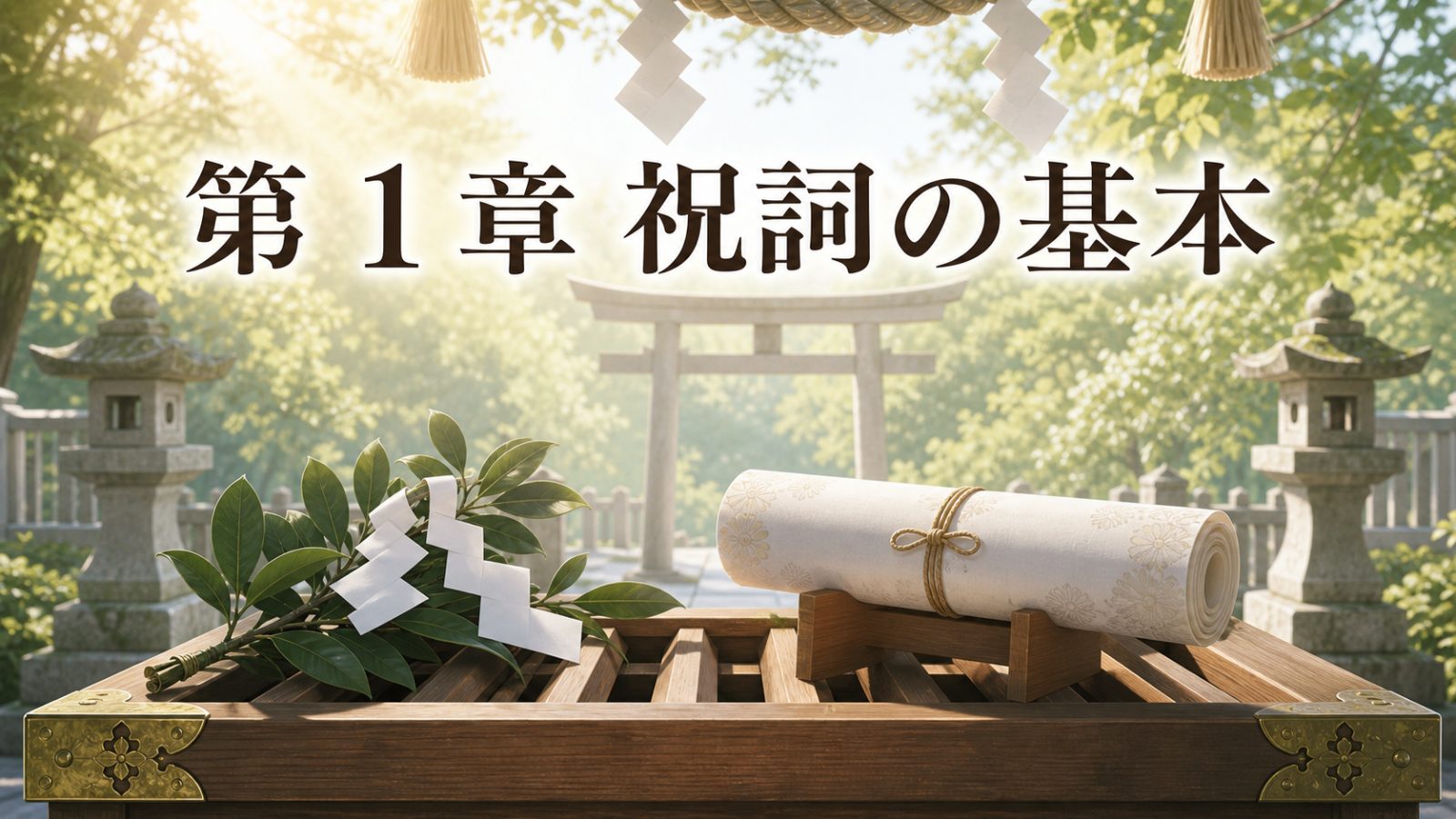 祝詞の巻紙と榊を背景に第1章祝詞の基本と示す章画像