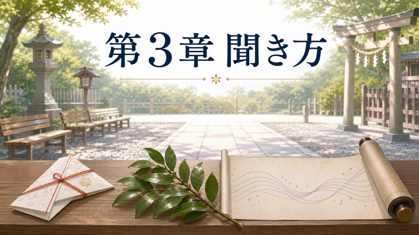 神社の静かな御祈祷前の空気を背景に第3章聞き方と示す章画像