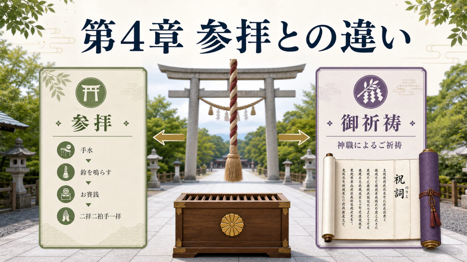 賽銭箱と鈴緒を背景に第4章参拝との違いと示す章画像