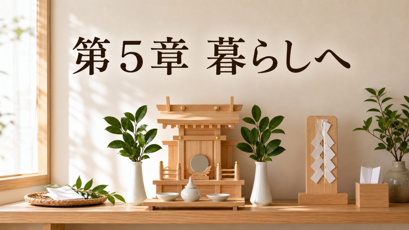 朝の神棚と榊を背景に第5章暮らしへと示す章画像
