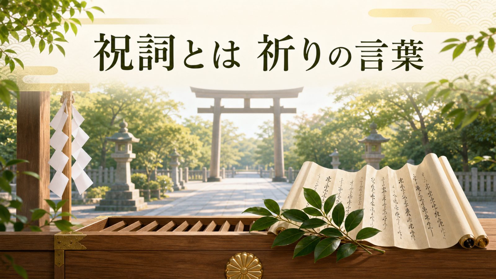 神社の拝殿前と祝詞の巻紙を背景に祝詞とは祈りの言葉と示すアイキャッチ画像