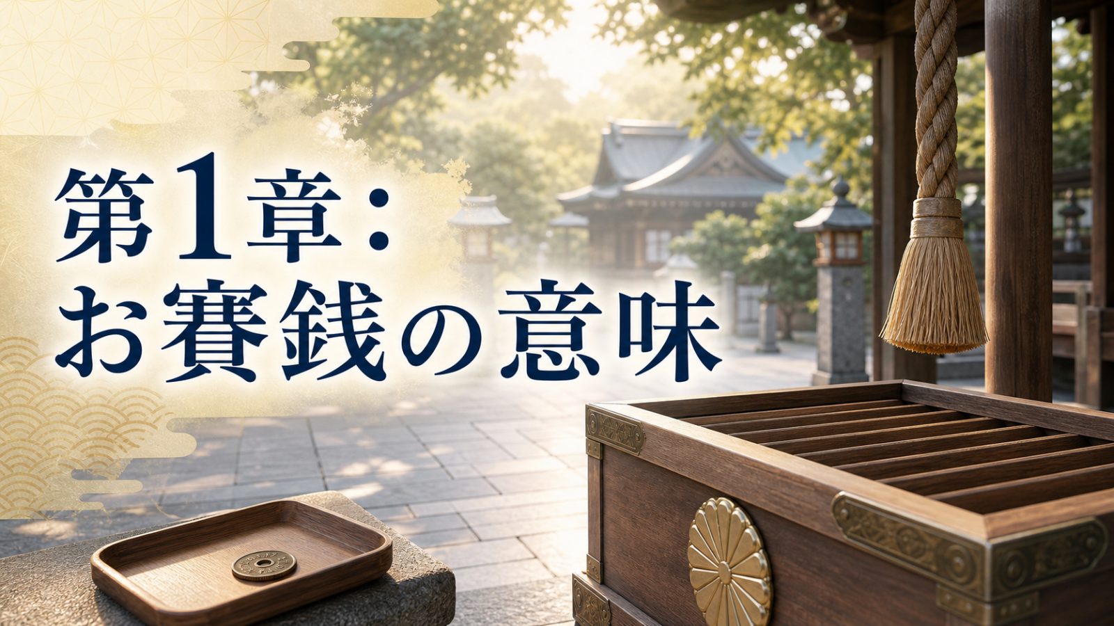 お賽銭の意味を表す神社の賽銭箱と静かな境内の章画像
