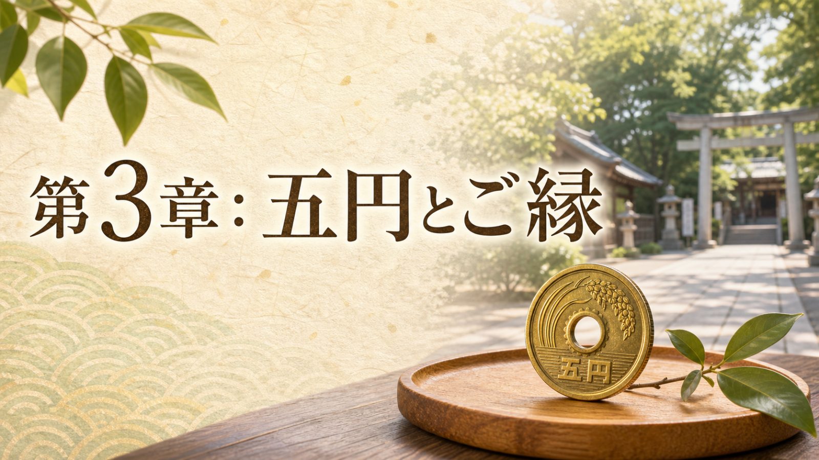 五円玉と木の盆を背景に五円とご縁の受け止め方を伝える章画像