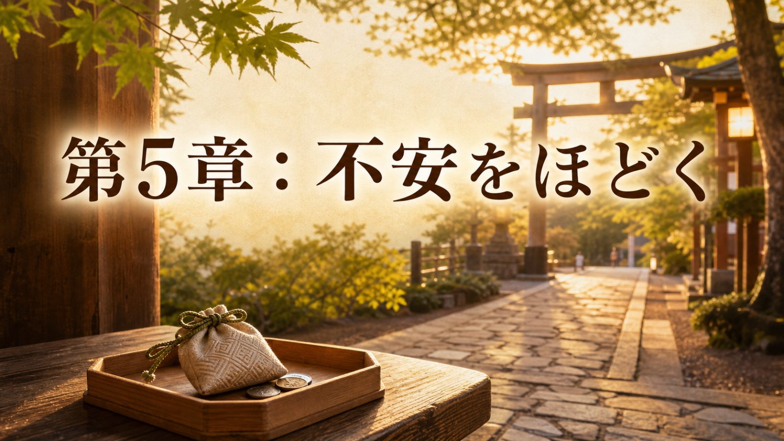 夕方の神社参道を背景にお賽銭の不安をほどく心構えを示す章画像